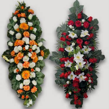 Croix, couronnes, fleurs naturelles, artificielles